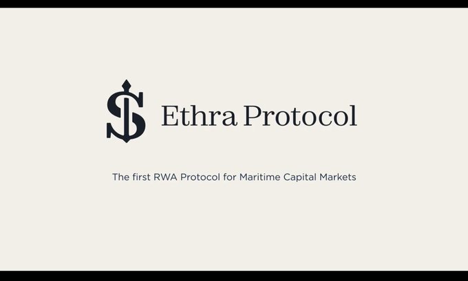 A clean, minimal logo card displays "Ethra Protocol" alongside an anchor-styled emblem, with the tagline "The first RWA Protocol for Maritime Capital Markets" beneath it. The image visually introduces the brand mentioned in the post, emphasizing its Web3-meets-shipping focus through nautical symbolism.