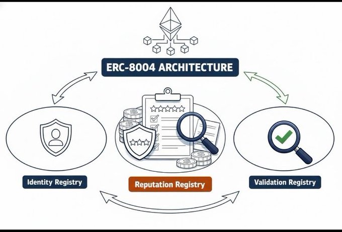 An infographic titled 'ERC-8004 ARCHITECTURE' displays three interconnected components: Identity Registry, Reputation Registry, and Validation Registry.