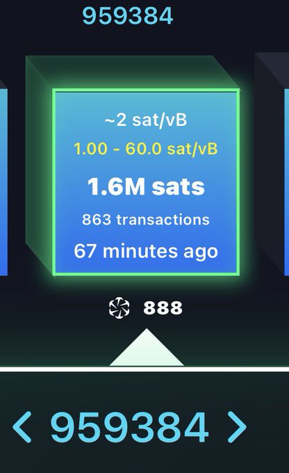 A mobile app interface showing a Bitcoin block explorer entry for block 959384, displaying '~2 sat/vB', '1.00 - 60.0 sat/vB', '1.6M sats', '863 transactions', and '67 minutes ago'.