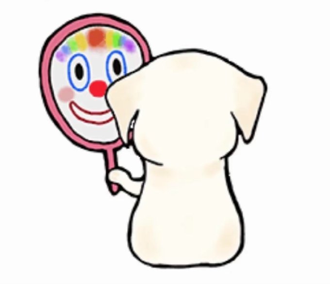 Whimsical cartoon drawing of a white dog-like figure holding a clown-faced hand mirror with a rainbow of colors on its forehead.