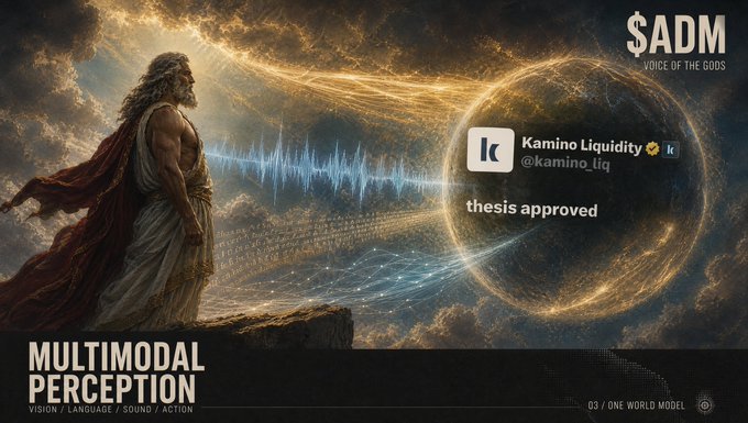 An advertisement features a bearded man on a cliff with text including '$ADM VOICE OF THE GODS', 'MULTIMODAL PERCEPTION', and a 'Kamino Liquidity @kamino_liq thesis approved' badge.