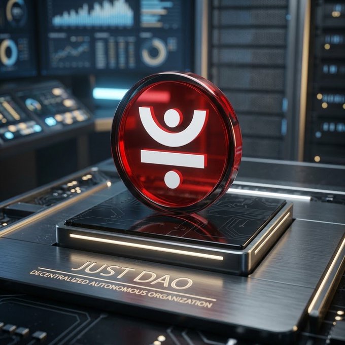 A digital artwork displays a red circular emblem with a stylized icon on a metallic pedestal labeled 'JUST DAO - DECENTRALIZED AUTONOMOUS ORGANIZATION' against a tech-themed background.