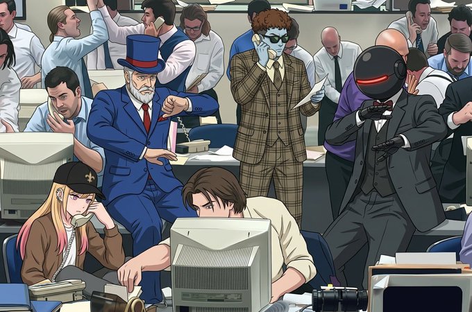 An animated depiction of a chaotic trading floor populated by various characters—including a top-hatted figure, a man in a checkered suit, and a girl in a cap—reflects the post's commentary on crypto projects like $KET, $WINK, and $BLUB, illustrating the chaotic, crowded nature of community-driven and KOL-influenced trading environments.