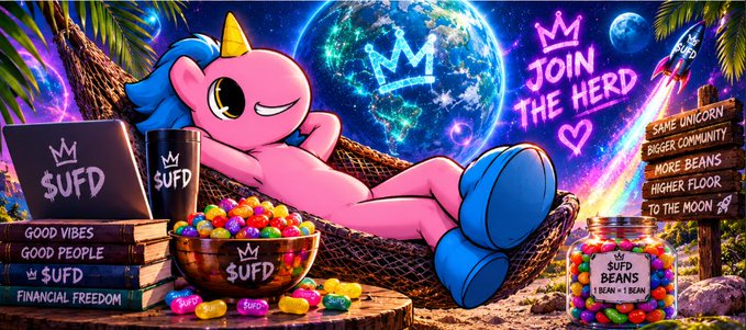 Vibrant cartoon-style illustration of a pink unicorn in a hammock with a '$UFD' laptop, surrounded by jelly beans, books labeled 'GOOD VIBES GOOD PEOPLE by $UFD FINANCIAL FREEDOM', and text reading 'JOIN THE HERD' along with a wooden sign stating 'SAME UNICORN, BIGGER COMMUNITY, MORE BEANS, HIGHER FLOOR, TO THE MOON'.