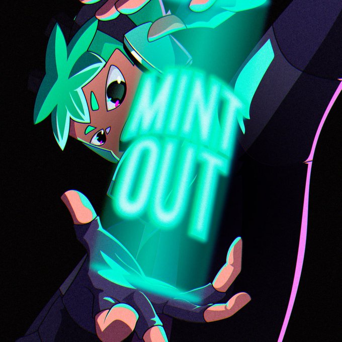 An anime-style character with teal hair and a glowing hand projects the glowing neon text "MINT OUT," promoting the limited 4,444 NFT collection launch teased in the post. The futuristic, vibrant visual reinforces the project's "one city" crypto community and upcoming $VOLT token reveal.