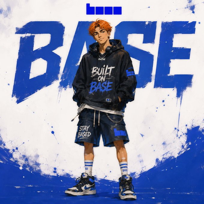 An anime-style character with orange hair poses confidently against a blue splattered background featuring the bold text "BASE," wearing streetwear that reads "BUILT ON BASE" and "STAY BASED"—directly mirroring the post's emphatic declaration of being "so based."