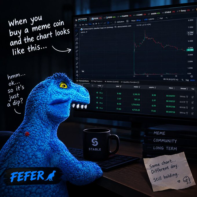 The image shows a blue dinosaur character sitting at a desk analyzing a cryptocurrency chart on a trading platform (derebit.com), with handwritten-style text humorously captioning its thoughts: "When you buy a meme coin and the chart looks like this..." and "hmm... ok... so it's just a dip?" alongside a note reading "Same chart... Different day. Still holding," with a "FEFER" logo in the corner.

The image relates to the post by visually representing the meme coin $FEFER (referenced by the logo and character) and the relatable experience of watching a volatile crypto chart while holding through dips, reinforcing the author's argument about watching FEFER's "rebuild" phase within the growing Stable ecosystem.