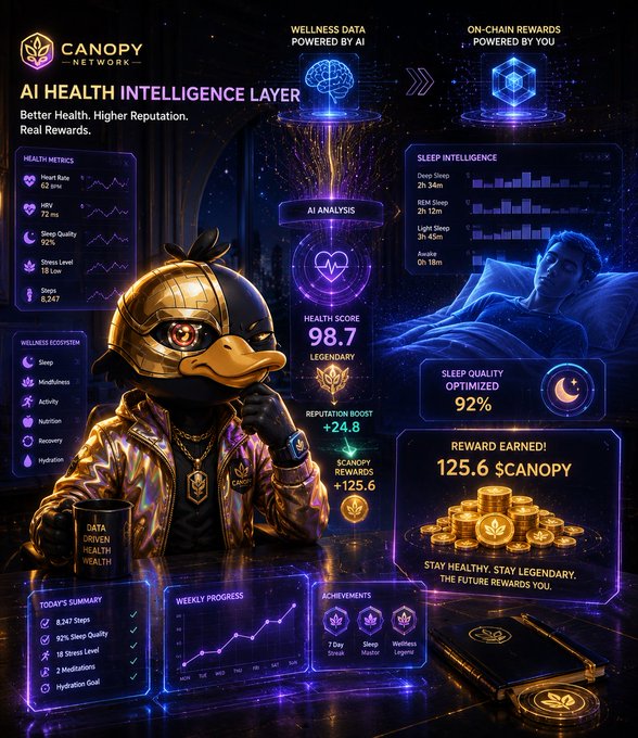 A promotional graphic for the Canopy Network AI Health Intelligence Layer featuring a golden duck mascot in a puffer jacket, displaying health metrics like a 98.7 Health Score and 125.6 $CANOPY tokens earned for wellness data.