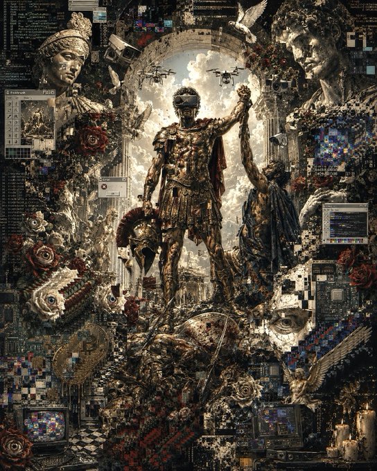 A complex digital collage featuring a central statue of a warrior with a VR headset, flanked by classical busts, a figure holding a globe, doves, and surrounded by rose motifs, circuit board patterns, and pixelated elements.