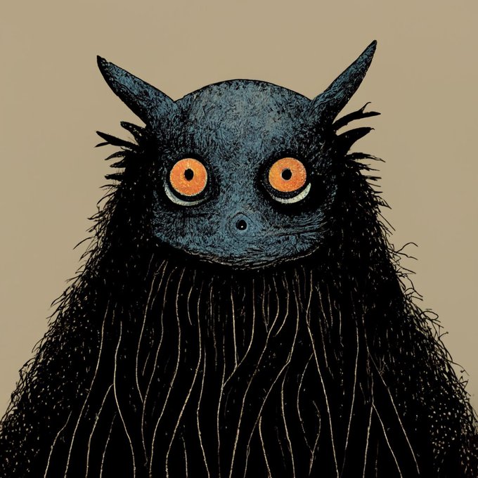 An illustration of a dark, furry monster with pointed ears, glowing orange eyes, and long wavy whiskers or tendrils against a beige background.