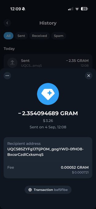 A screenshot of a TON Wallet transaction history showing a sent payment of -2.354094689 GRAM (~$3.26) on September 4th at 12:08, with a small fee of 0.00052 GRAM (~$0.000721), suggesting the user is building anticipation about who will receive the next transfer from their wallet.