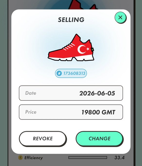 The image shows a screenshot of an app called "Stepn Sol Realm", which appears to be a marketplace for selling shoes. A red shoe with a Turkish flag design is displayed, indicating that this is a product available for sale. The price of the shoe is listed as 18,000 GMT (Grainer Meters). There are two buttons in the image: one labeled "Revoke" and another labeled "Change". These buttons allow users to make changes or adjustments to their purchase, such as revoking an order or altering the price.