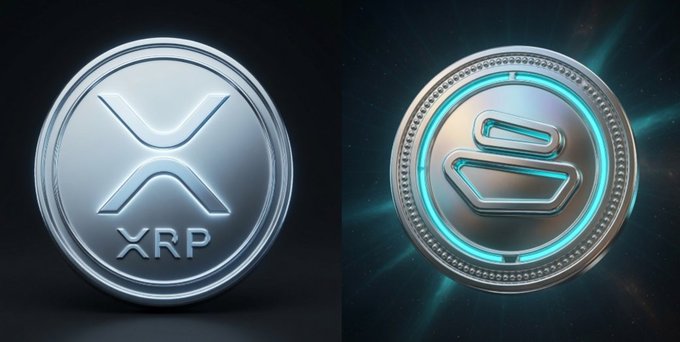 Side-by-side comparison of two cryptocurrency coins: an XRP coin on the left featuring the XRP logo, and another coin on the right with a teal glowing design on a dark starry background.