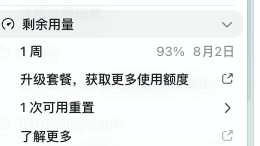 A mobile app interface in Chinese showing remaining usage quota with '1 周 93% 8月2日' (1 week 93% August 2), and options to upgrade packages, reset once, and learn more.