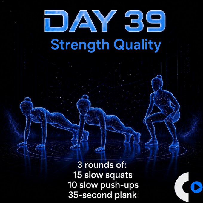 A fitness graphic titled "DAY 39 Strength Quality" showing three blue wireframe figures demonstrating exercises, with the workout instructions: "3 rounds of: 15 slow squats, 10 slow push-ups, 35-second plank".