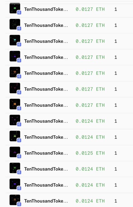 A list of multiple "TenThousandToke..." NFTs priced around 0.0124-0.0127 ETH, each with a quantity of 1.