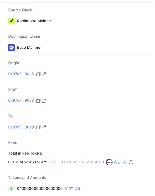 A digital transaction summary shows a transfer from 'Robinhood Mainnet' to 'Base Mainnet' with a fee of 0.0362457507174975 LINK and an amount of 0.10000000000000000 VIRTUAL.