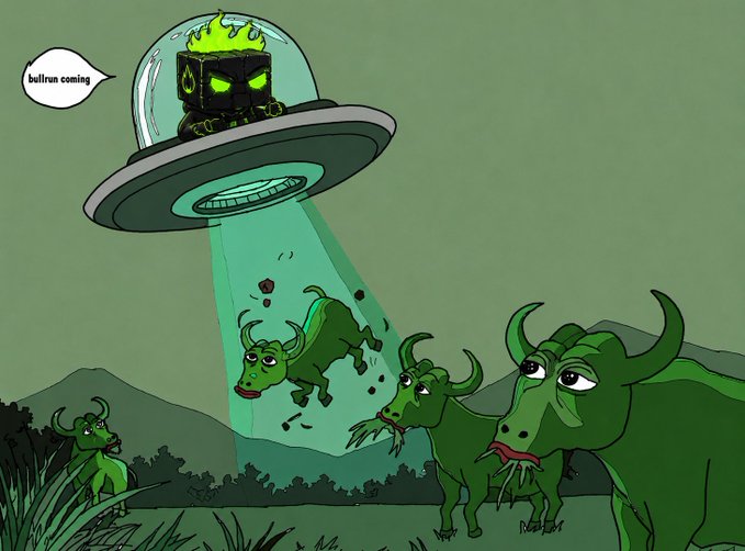A digital illustration of a green alien in a UFO beaming up a bull with a speech bubble reading 'bullrun coming', while other bulls on the ground watch with tired expressions.