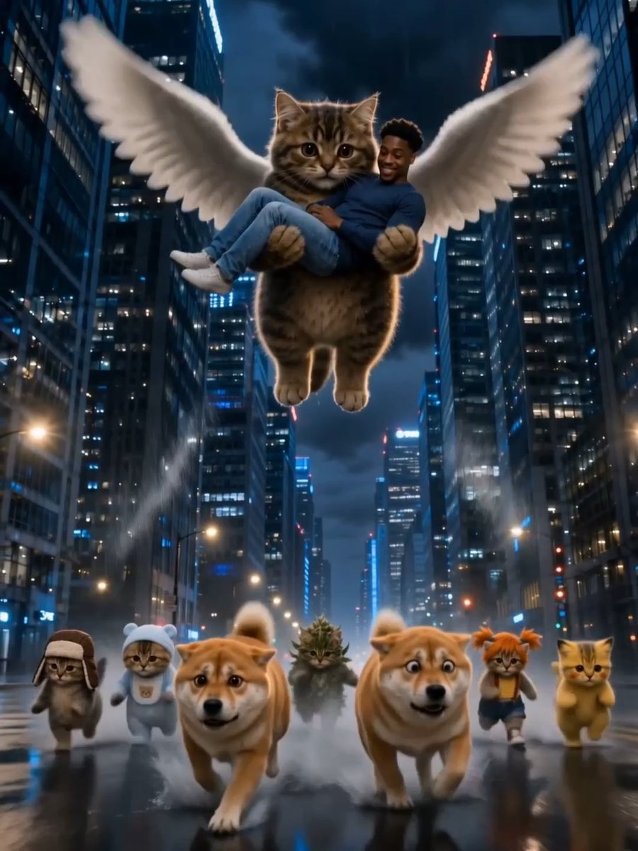 A giant winged cat with angelic feathers carries a smiling man through a misty night cityscape, while a loyal army of Shiba Inus, cats, and colorful meme characters runs below. The whimsical, fantastical scene embodies the post's message of a devoted $wiwiwi community rallying together as a growing, cult-like force.
