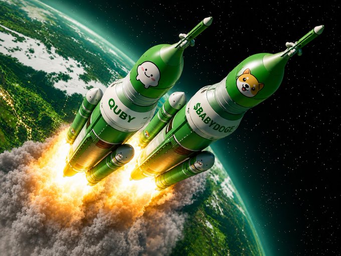 Two green rockets blast off from Earth into space, one labeled 'QUBY' with a cartoon face and the other '$BABYDOGE' with a Shiba Inu face.