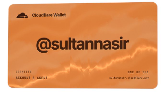 An orange Cloudflare Wallet digital card displays the username '@sultannasir' as an identity and account & agent.