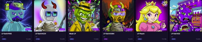 A selection of digital trading cards or NFT collectibles displayed in a row, including characters labeled "LP Doll #1105", "LP Doll #4221", "Mask LP", "LP Doll #3394", "LP Peach", and "LP Doll #33".