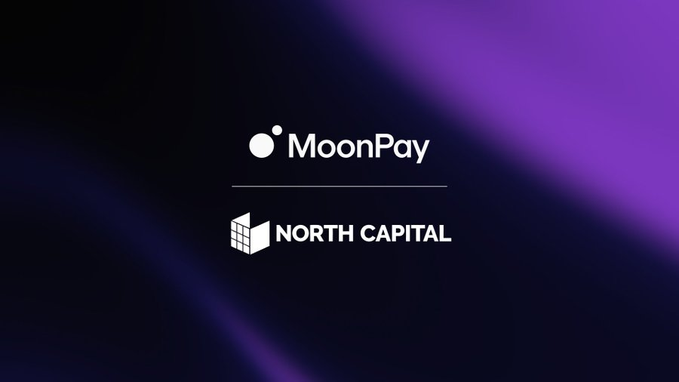 A digital graphic with a purple and black gradient background displaying the logos for 'MoonPay' and 'NORTH CAPITAL' stacked vertically.