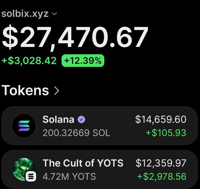 A crypto portfolio tracker screenshot from solbix.xyz shows a wallet valued at $27,470.67 (+12.39%), with two holdings displayed: 200.33 Solana worth $14,659.60 (+$105.93) and 4.72M "The Cult of YOTS" tokens valued at $12,359.97 (+$2,978.56), illustrating the massive gains from the $589 YOTS investment mentioned in the post.
