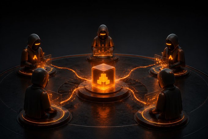 Five hooded figures sit in a circle on glowing pedestals, connected by fiery orange lines to a central glowing block bearing a geometric symbol.