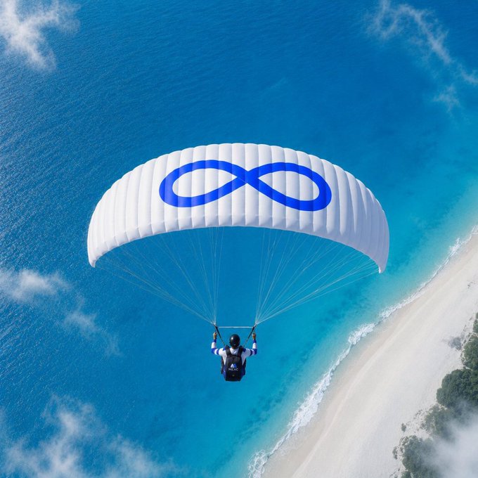 An aerial view of a paraglider with a white canopy featuring a blue infinity symbol, soaring over a turquoise ocean near a white sand beach.