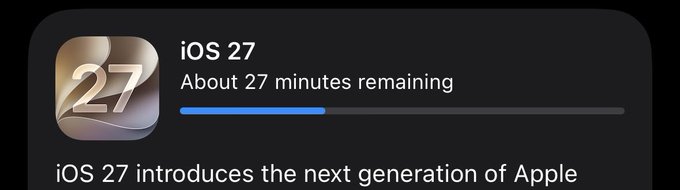 The image shows an iOS update screen displaying "iOS 27" with the text "About 27 minutes remaining" and a progress bar partially filled in blue, accompanied by the message "iOS 27 introduces the next generation of Apple" visible at the bottom. The accompanying post humorously connects this to Pi Day (3/14) in 2027, noting that the version number "27" coincidentally matches 27 minutes and ties into the pi (π) theme, creating a playful coincidence between Apple's iOS version and pi-related numerology around 15 degrees of the calendar year.