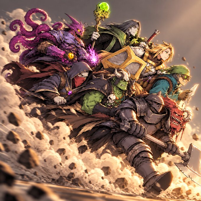 An anime-style illustration showing a group of fantasy warriors and monsters, including an orc and a character with purple tentacles, charging forward in a dusty environment.