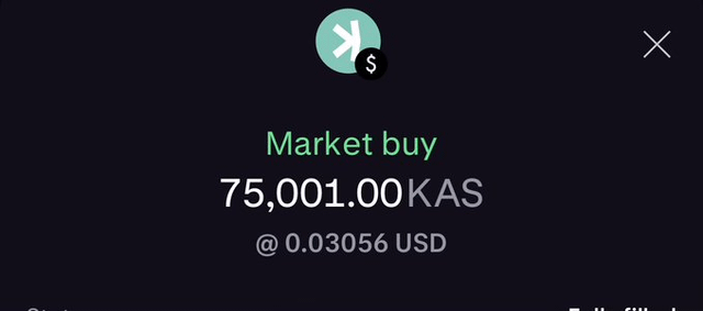 This image shows a screen with a market buy sign displaying the amount of 75,001 KAS at 0.03 (or 0.03) and the current time being 0.05. The poster also includes an asset symbol "K", which could possibly represent a cryptocurrency or other digital currency. It is related to the main post by stating that there is about 2m KAS currently in circulation, meaning it's created every minute. The poster suggests that this amount may increase over time as more miners create new coins and assets are added to the market.