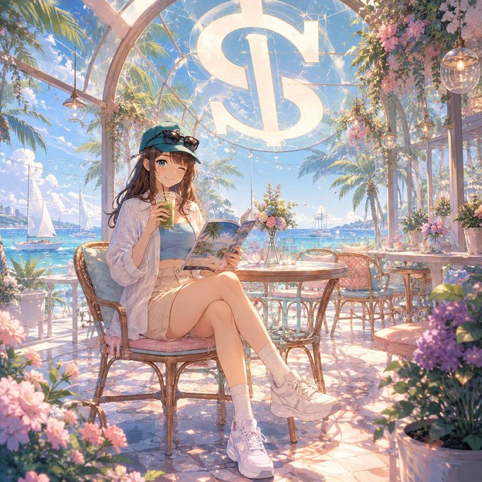 An anime-style illustration shows a girl in a cap drinking matcha while reading a magazine at a cafe, with a glowing 'S' logo overhead.