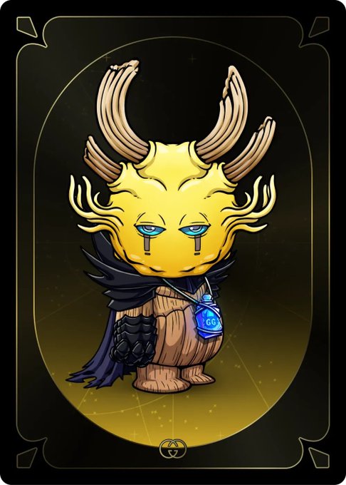 A tarot-style card featuring a yellow deer-like creature with large antlers, wearing a dark cloak and a blue gemstone necklace with 'GG' inscribed, set against a glowing yellow and black background.