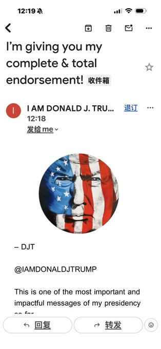 An email screenshot showing a message from "I AM DONALD J. TRU..." with subject "I'm giving you my complete & total endorsement!" and a face painted in the American flag, signed by DJT with text "This is one of the most important and impactful messages of my presidency."