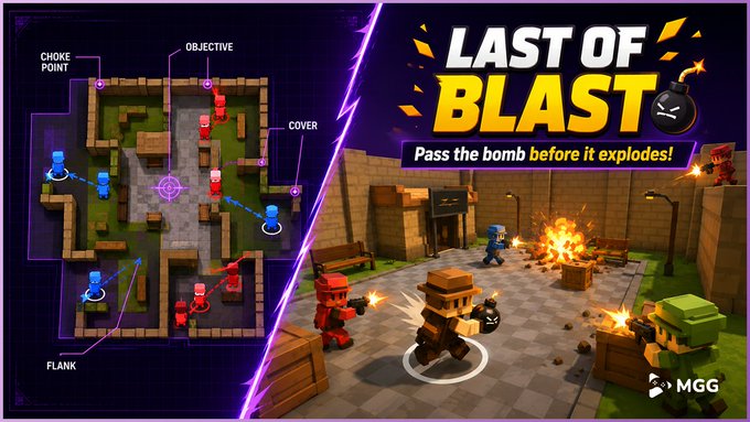 Promotional artwork for "Last of Blast," a blocky 8v8 tactical shooter displayed on the MGG Arena platform, showing a gameplay screenshot of voxel-style soldiers in combat alongside an overhead tactical map labeled with key strategic points like "Choke Point," "Objective," "Cover," and "Flank," with the tagline "Pass the bomb before it explodes!"
