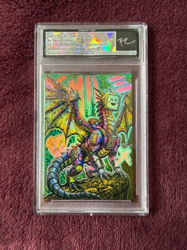 The image features a dragon-like creature with wings, possibly a robot or an animated character, sitting on top of a rock. The dragon has a face painted on its body, giving it a unique appearance. The dragon's wings are spread out in various directions, and there is a small sign attached to the back of the dragon that reads "NFTs". This suggests that the dragon might be an artwork or a digital asset, possibly related to the post about fine art pieces being sold before they go live on the artist's website.