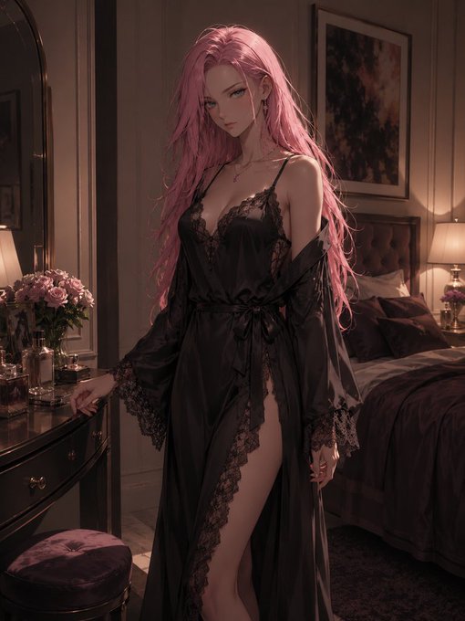 An anime-style illustration depicts a woman with long pink hair wearing a black lace-trimmed robe in a dimly lit, elegant bedroom with a vanity table and floral arrangements.