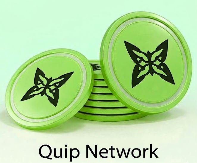 A stack of green cryptocurrency-style tokens featuring a butterfly logo, with the text 'Quip Network' displayed at the bottom.