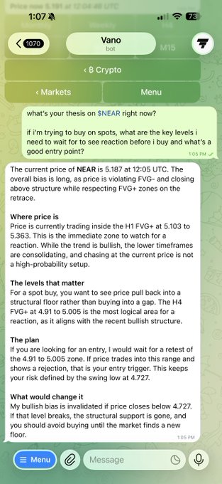 A WhatsApp-style chat screenshot showing Vano Bot breaking down $NEAR technical analysis, noting the current price of 5.187 and identifying 4.727 as a key support level with a 4.91 to 5.005 entry zone. The bot recommends waiting for a retracement into that range rather than buying at current spot prices.