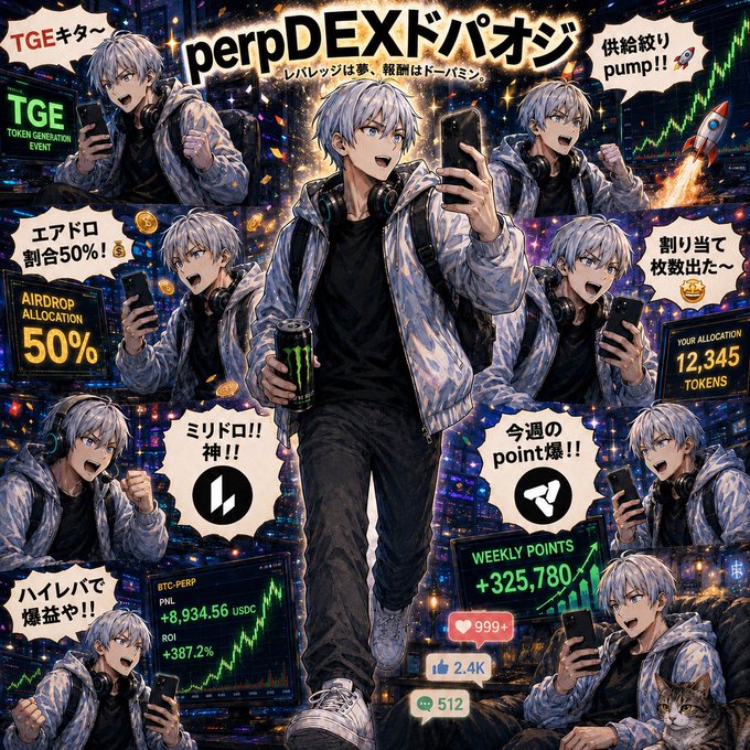 The image is a vibrant, anime-style promotional collage titled "perpDEXドパオジ" (perpDEX Dopamine Uncle), featuring multiple panels of a silver-haired young man excitedly trading on a perpetual DEX, with captions highlighting "AIRDROP ALLOCATION 50%," "12,345 TOKENS," "+325,780 WEEKLY POINTS," and PNL gains of "+8,934.56 USDC" / "+387.2% ROI."

It visually embodies the post's "Dopamine Uncle" theme by showcasing the euphoric highs of perpDEX trading—massive point gains, lucky airdrops, and high-leverage wins—that fuel the dopamine rush of crypto speculation.