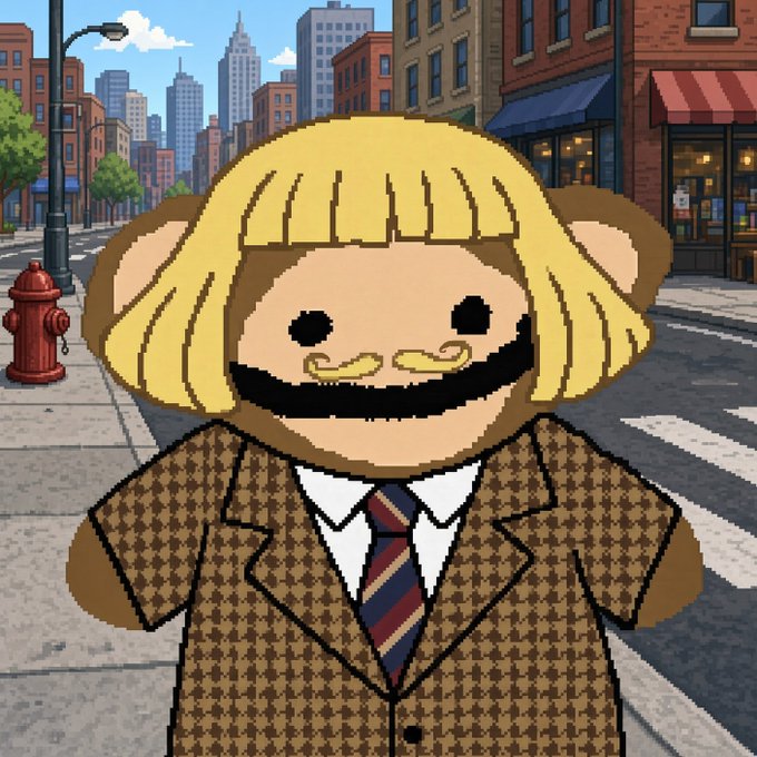 A pixel-art teddy bear with blonde hair and a mustache wears a brown houndstooth suit and striped tie, standing on a city street with a fire hydrant and storefronts behind it—matching the post's "Mr. Take Your Girl" theme by depicting a dapper, girlfriend-ready bear mascot.