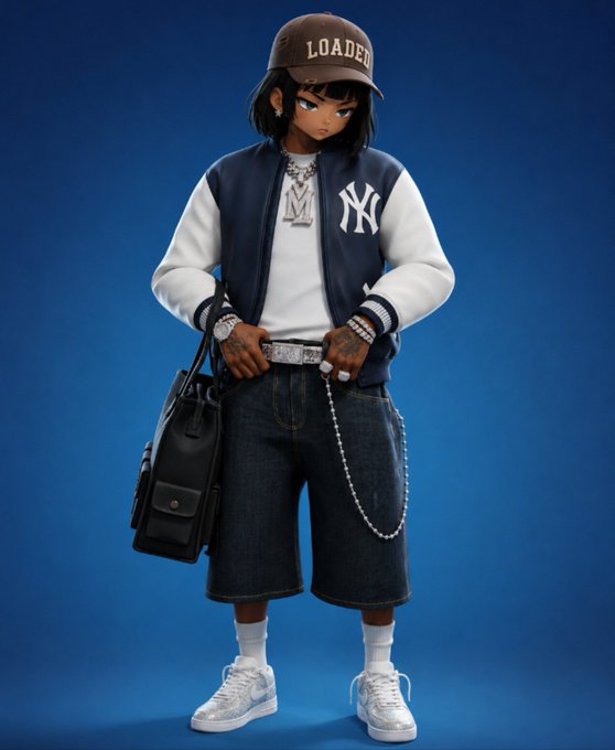 A 3D animated character wearing a New York Yankees varsity jacket, a 'LOADED' cap, denim shorts, and a silver chain, holding a black handbag against a blue background.