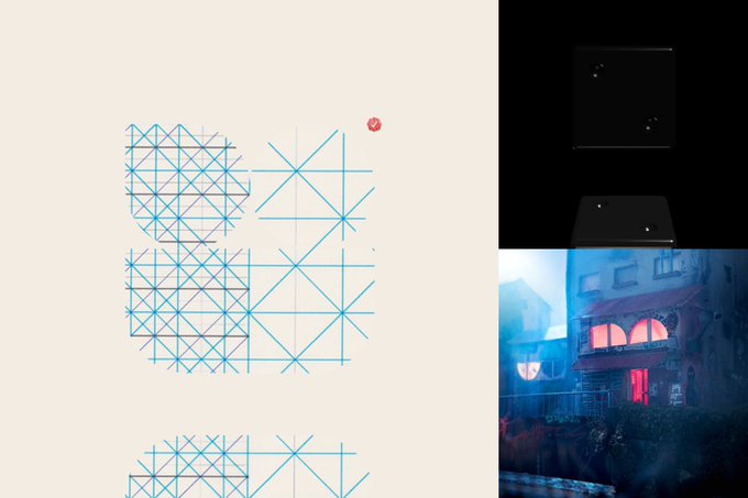 A triptych of images: blue geometric line drawings on a cream background with a small red circle, two black geometric shapes on a black background, and a moody, blue-lit painting of a building with glowing red windows.