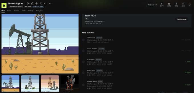 A screenshot of a website for 'The Oil Rigs' featuring a pixel-art desert drilling scene and a 'Team RIGS' mint schedule listing rounds and registration times.