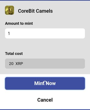 A mobile app interface for 'CoreBit Camels' displays a minting screen with 'Amount to mint' set to 1, a 'Total cost' of 20 XRP, and a blue 'MintNow' button.