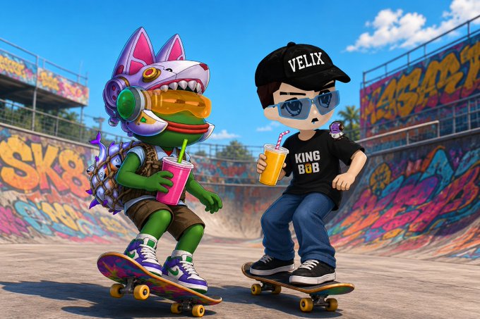 A vibrant skatepark scene features a green cartoon character with a fox-like head wearing headphones and riding a skateboard while holding a pink drink, alongside a stylish character wearing a black "VELIX" cap, sunglasses, and a "KING BO$" t-shirt, holding an orange beverage on a skateboard. The image visually represents the Velix brand mentioned in the post, which highlights the team behind the TrustUsNFT launch in a casual, creative setting.