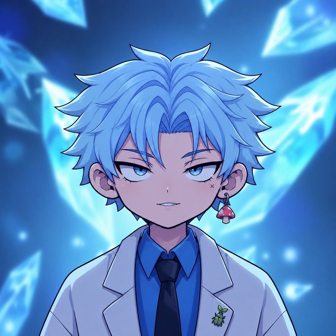 A blue-haired anime character in a lab coat poses against glowing blue crystals, with a mushroom earring and beetle pin. The cheerful sci-fi artwork accompanies the post “Good Morning NFTs.”