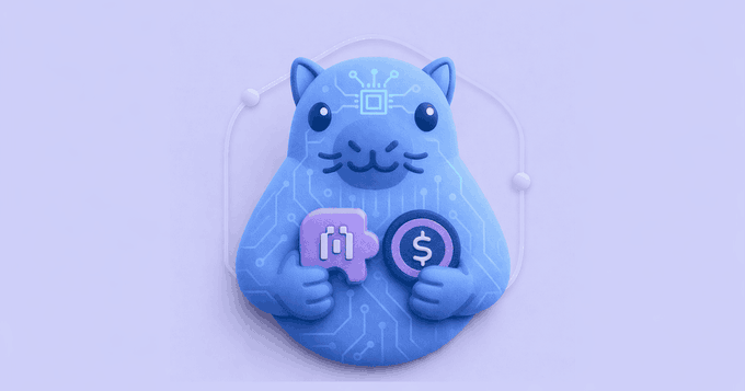 A 3D-rendered blue cartoon cat character with circuit board patterns holding a puzzle piece with a LinkedIn logo and a coin with a dollar sign on its chest.